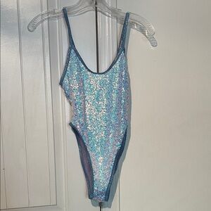 J Valentine Holographic Sequins Bodysuit M/L high cut blue/purple iridescent